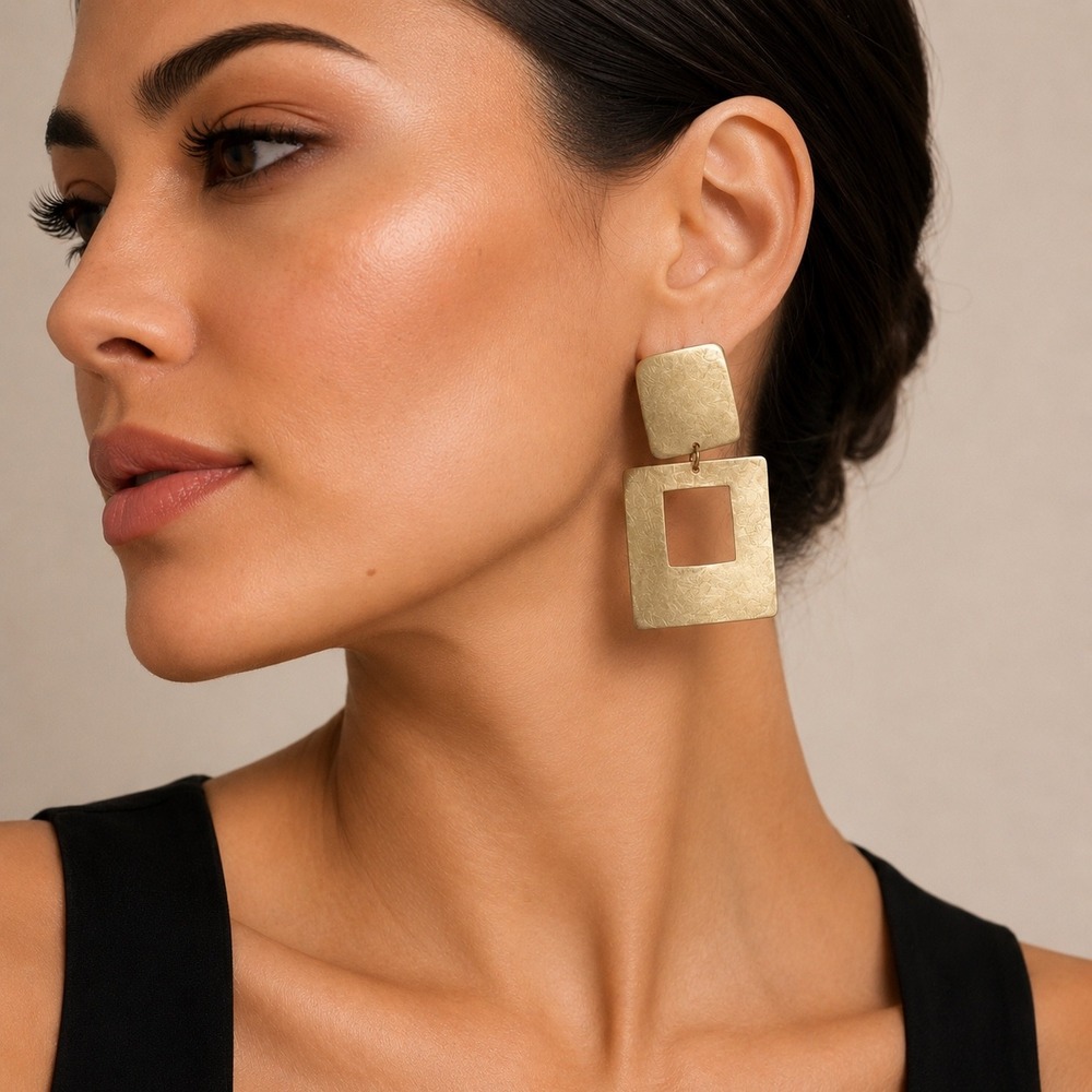 Vintage Gold Tone Geometric‎ Double Square Drop Statement Earrings Matte Brushed